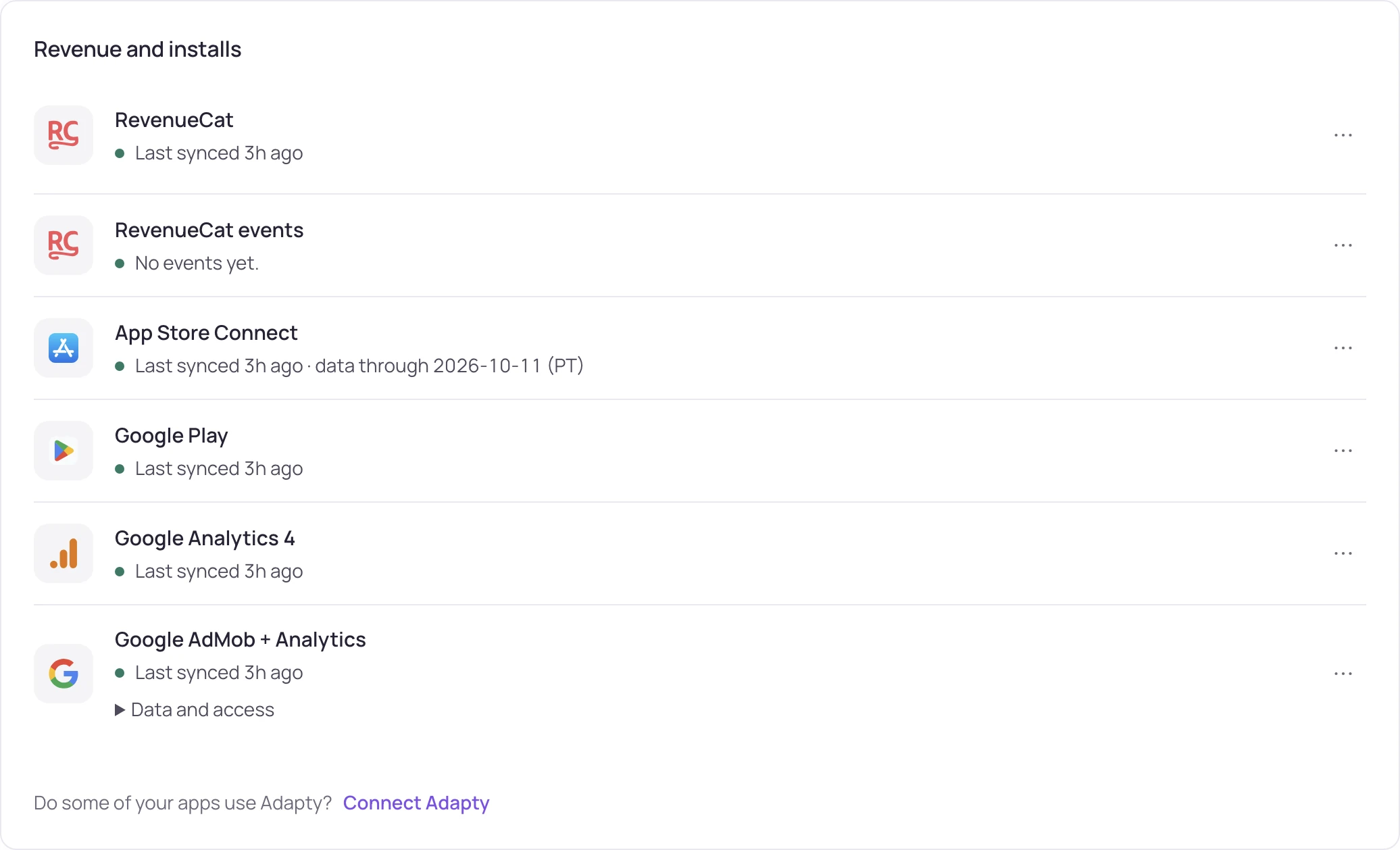 Connections · revenue and install sources and when each last synced
