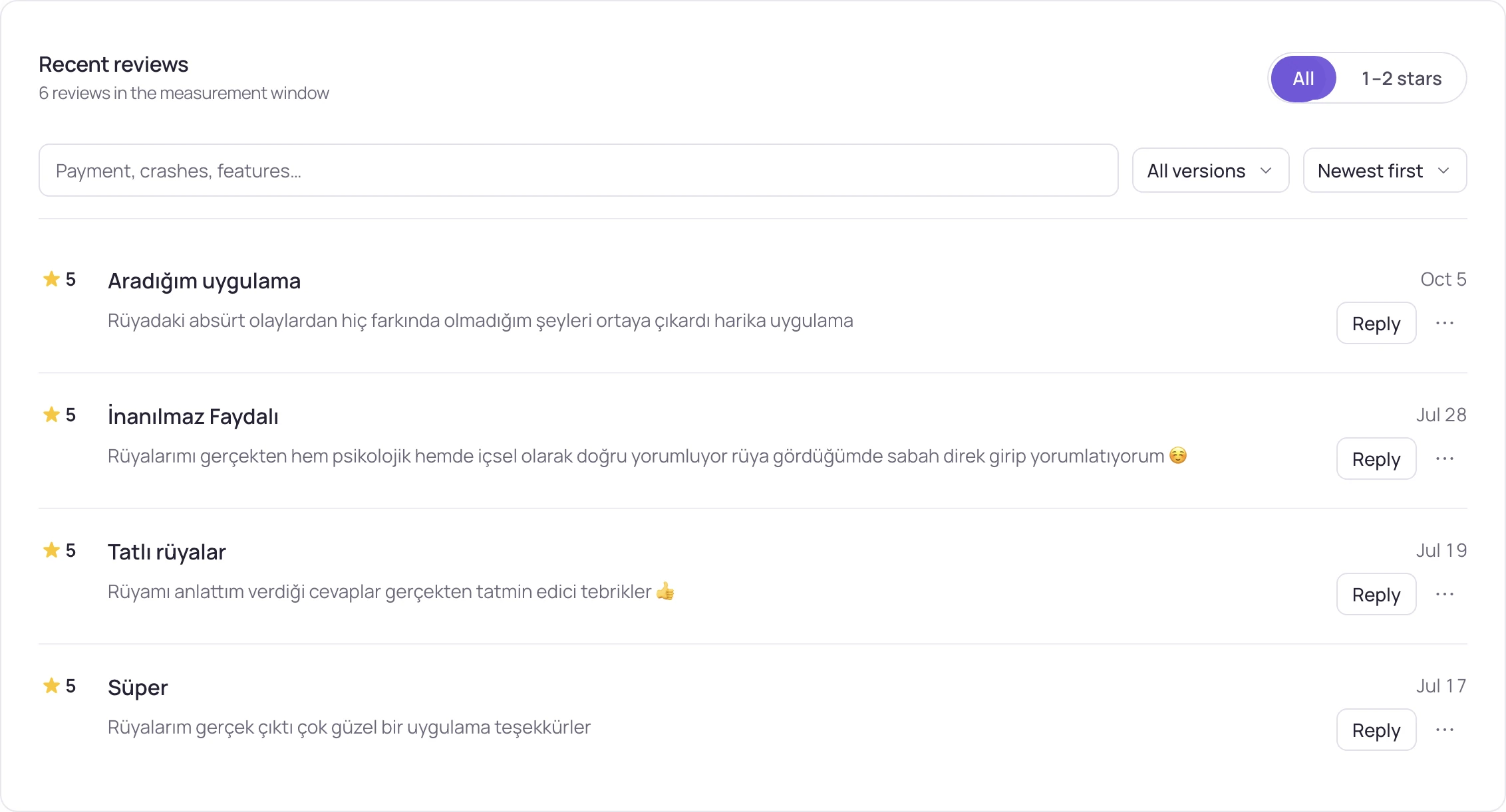 Reviews · the latest reviews, filtered by version and stars