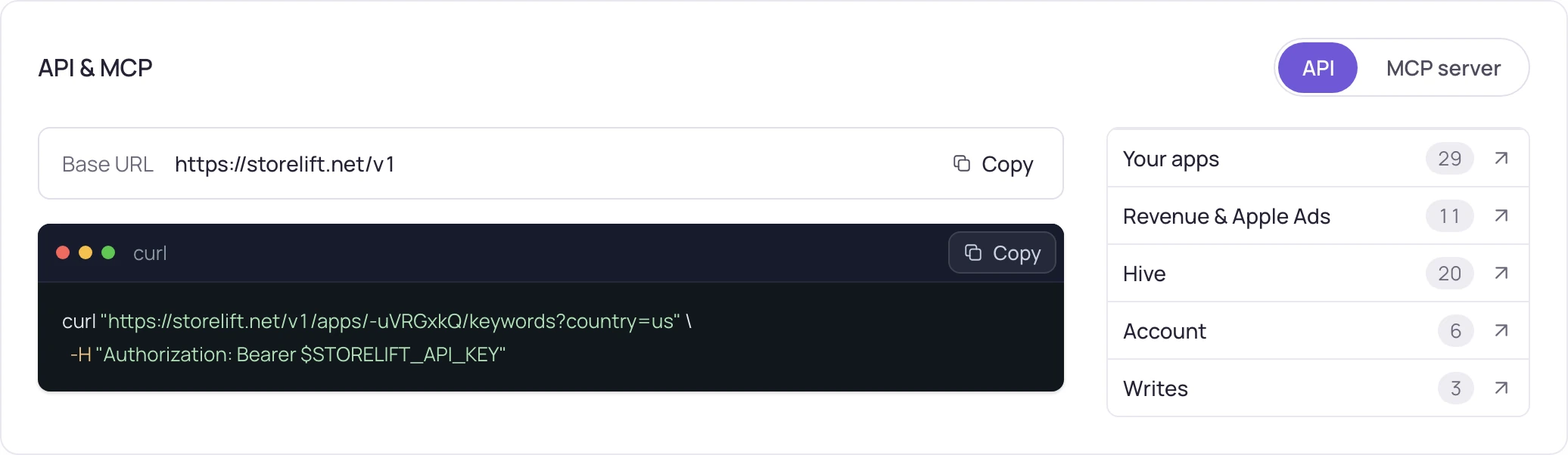 Settings · the API address, a sample request and the endpoint groups