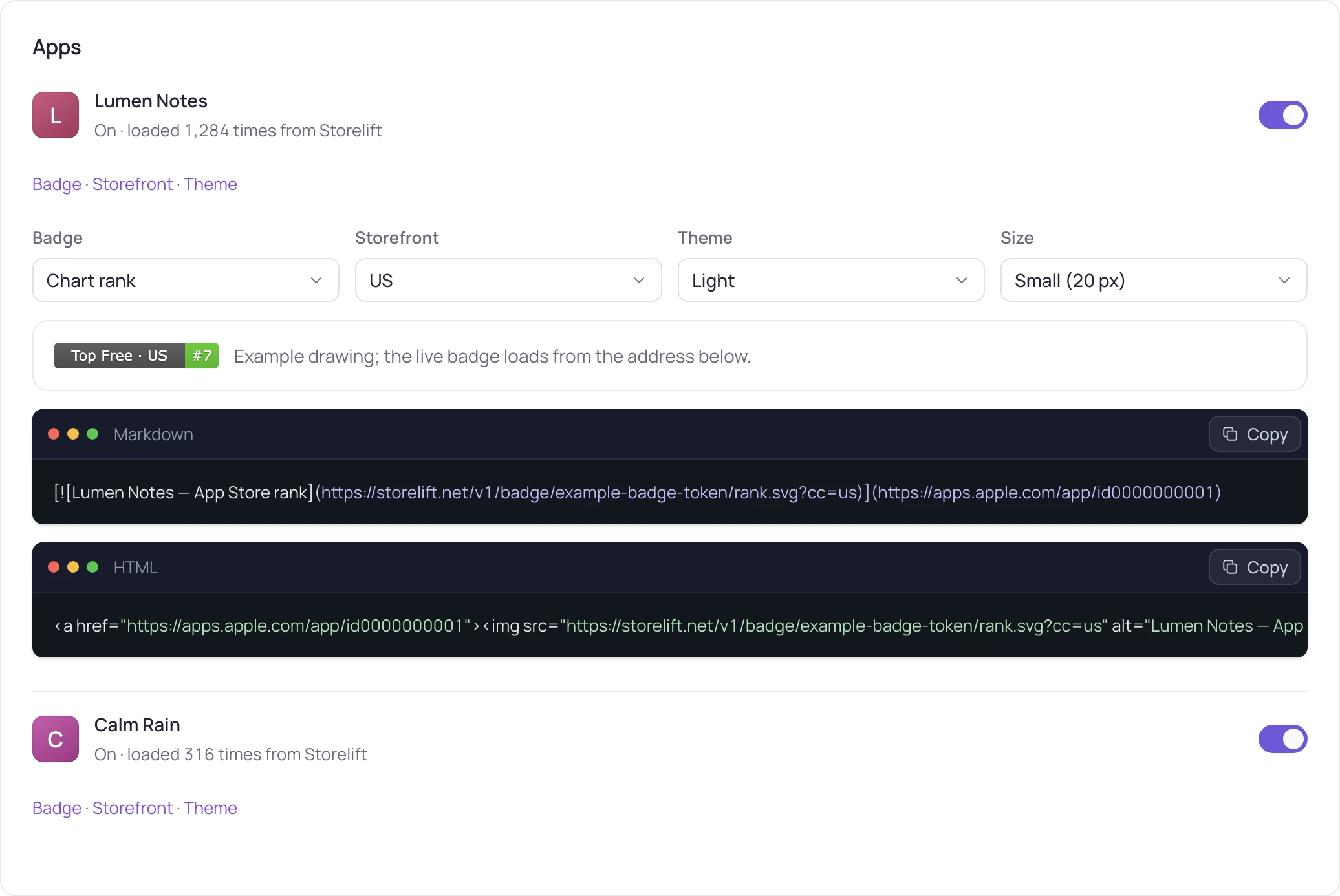 Badges · your App Store chart rank or rating, with the embed code for your site