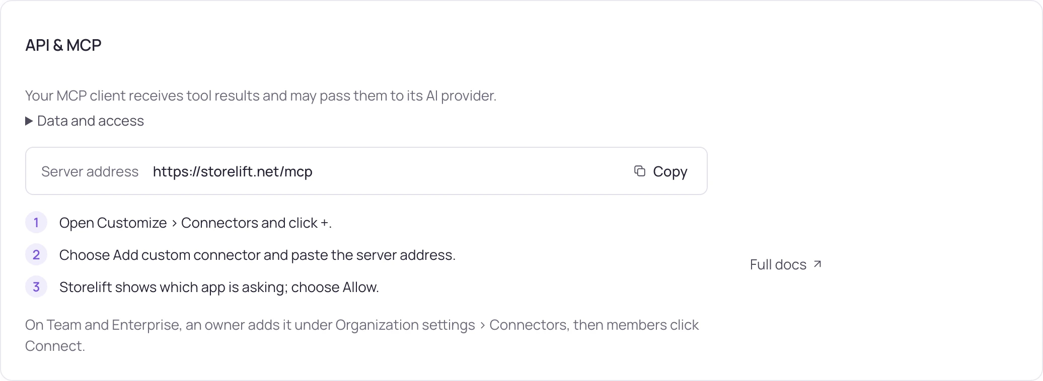 Settings · the MCP server address and how to connect your assistant