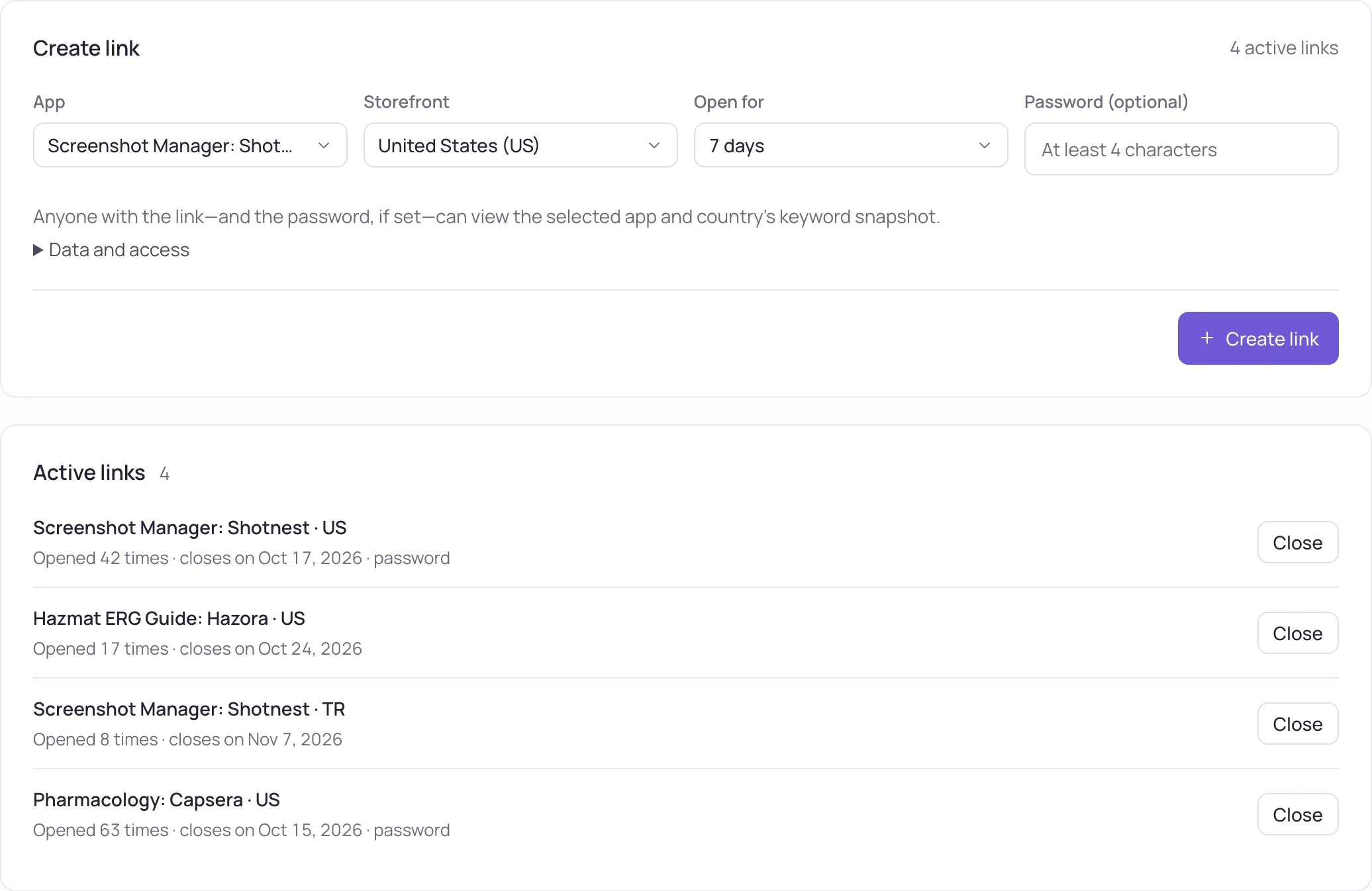 Shared links · time-limited links that show keyword ranks to someone without an account