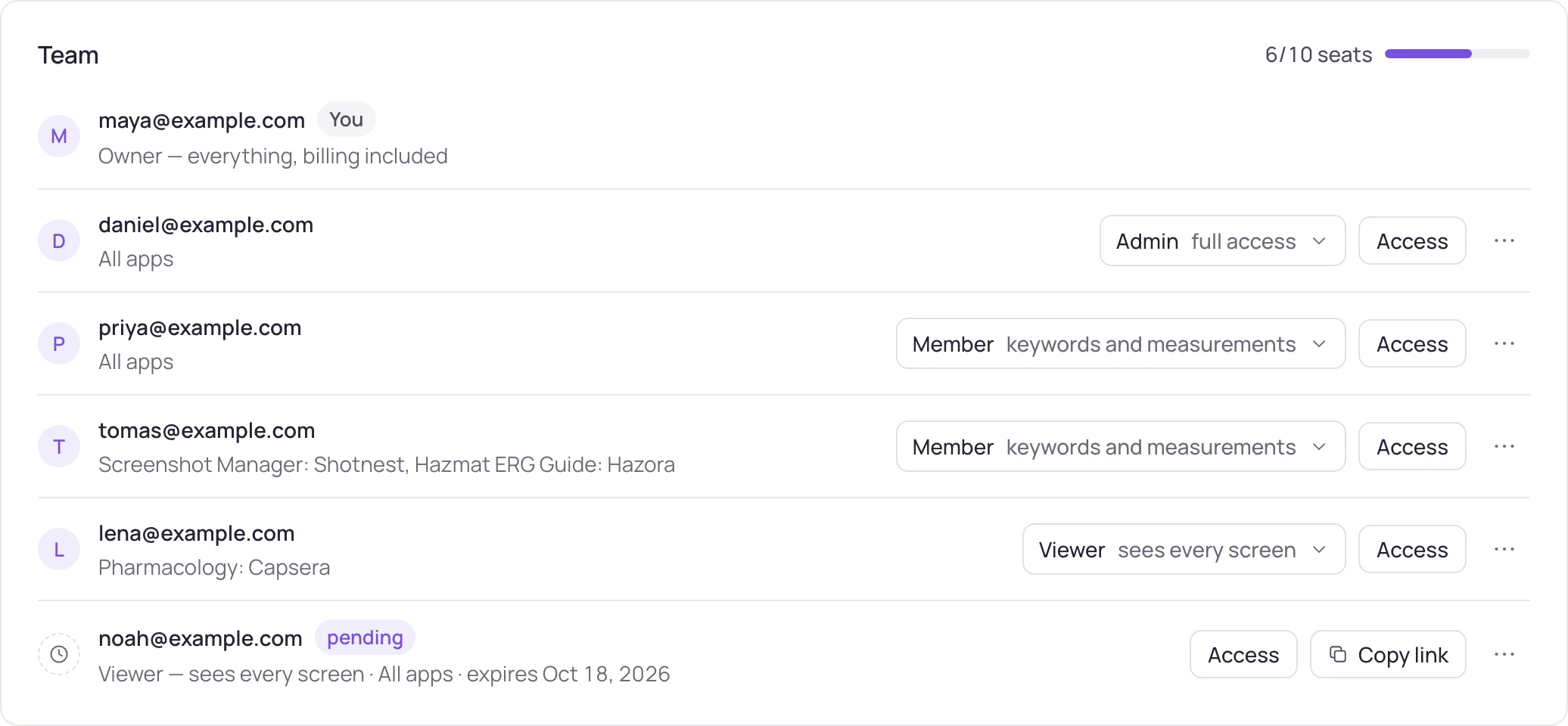 Team · who has a seat, their role and which apps they can open